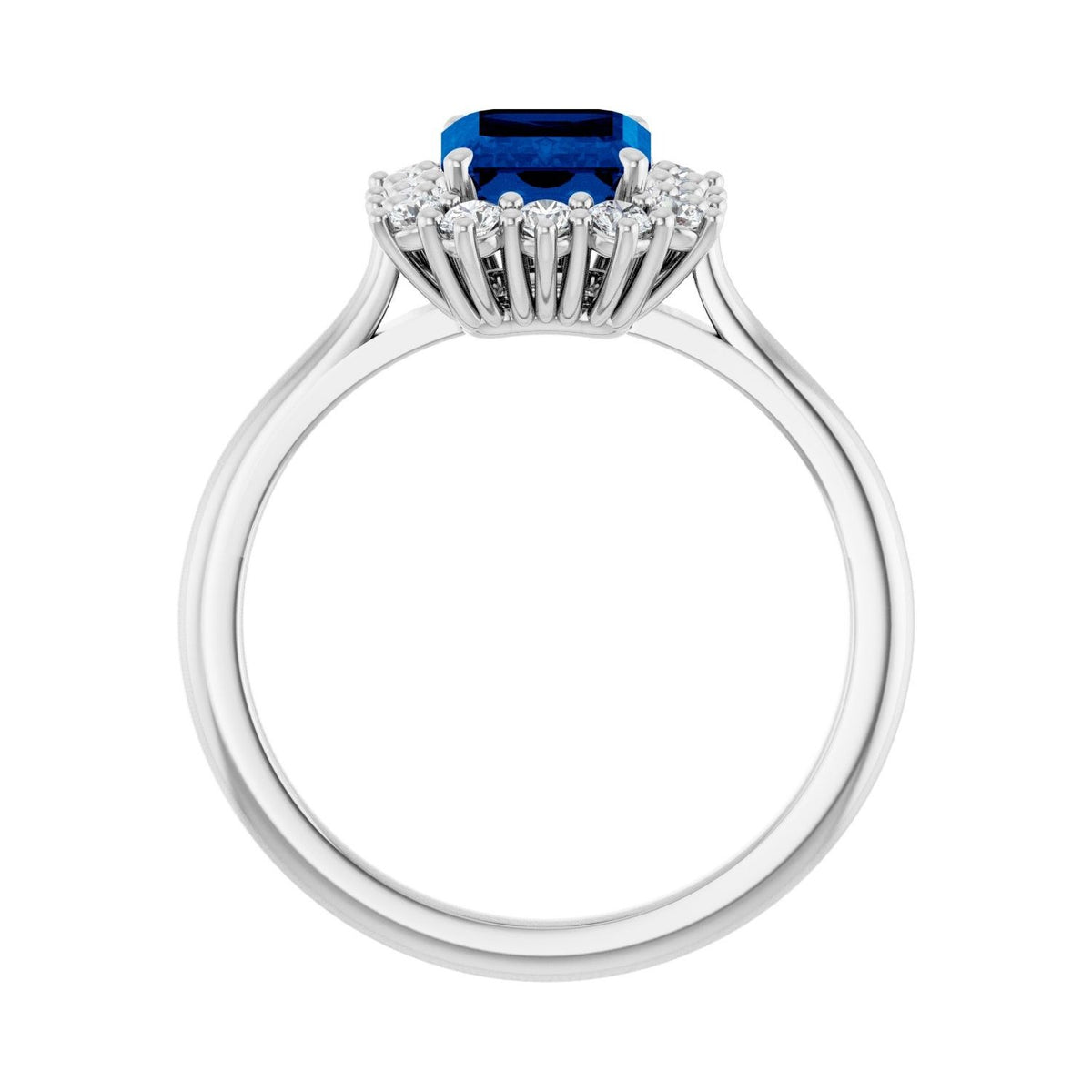 Sapphire Row Lab-Grown Gemstone Halo Ring - Blue Sapphire, 14K White Gold, Emerald 8 × 6 mm · lab-grown diamond halo (view 2)