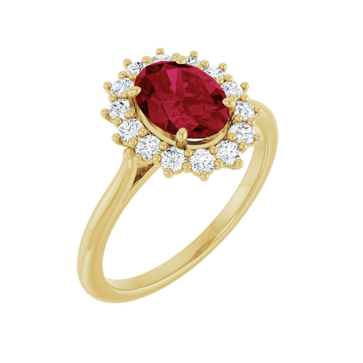 Sapphire Row Lab-Grown Gemstone Halo Ring - Ruby, 14K Yellow Gold, Oval 8 × 6 mm · natural diamond halo