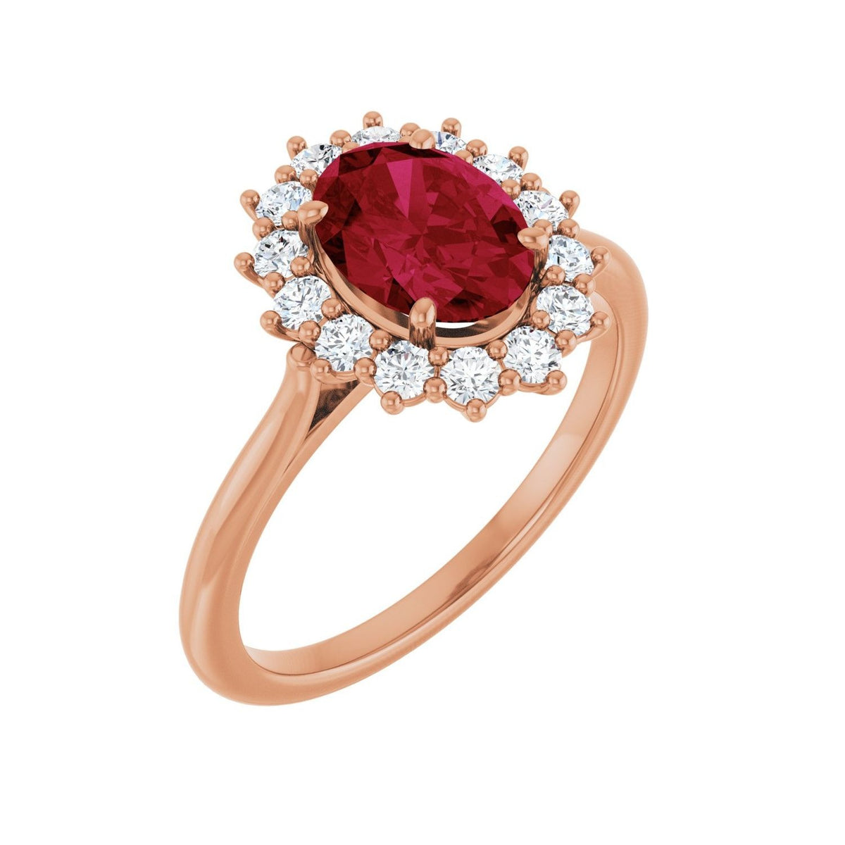 Sapphire Row Lab-Grown Gemstone Halo Ring - Ruby, 14K Rose Gold, Oval 8 × 6 mm · natural diamond halo