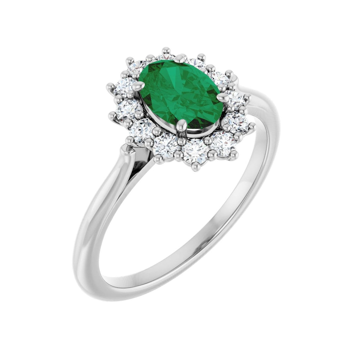 Sapphire Row Lab-Grown Gemstone Halo Ring - Emerald, Platinum, Oval 7 × 5 mm · lab-grown diamond halo