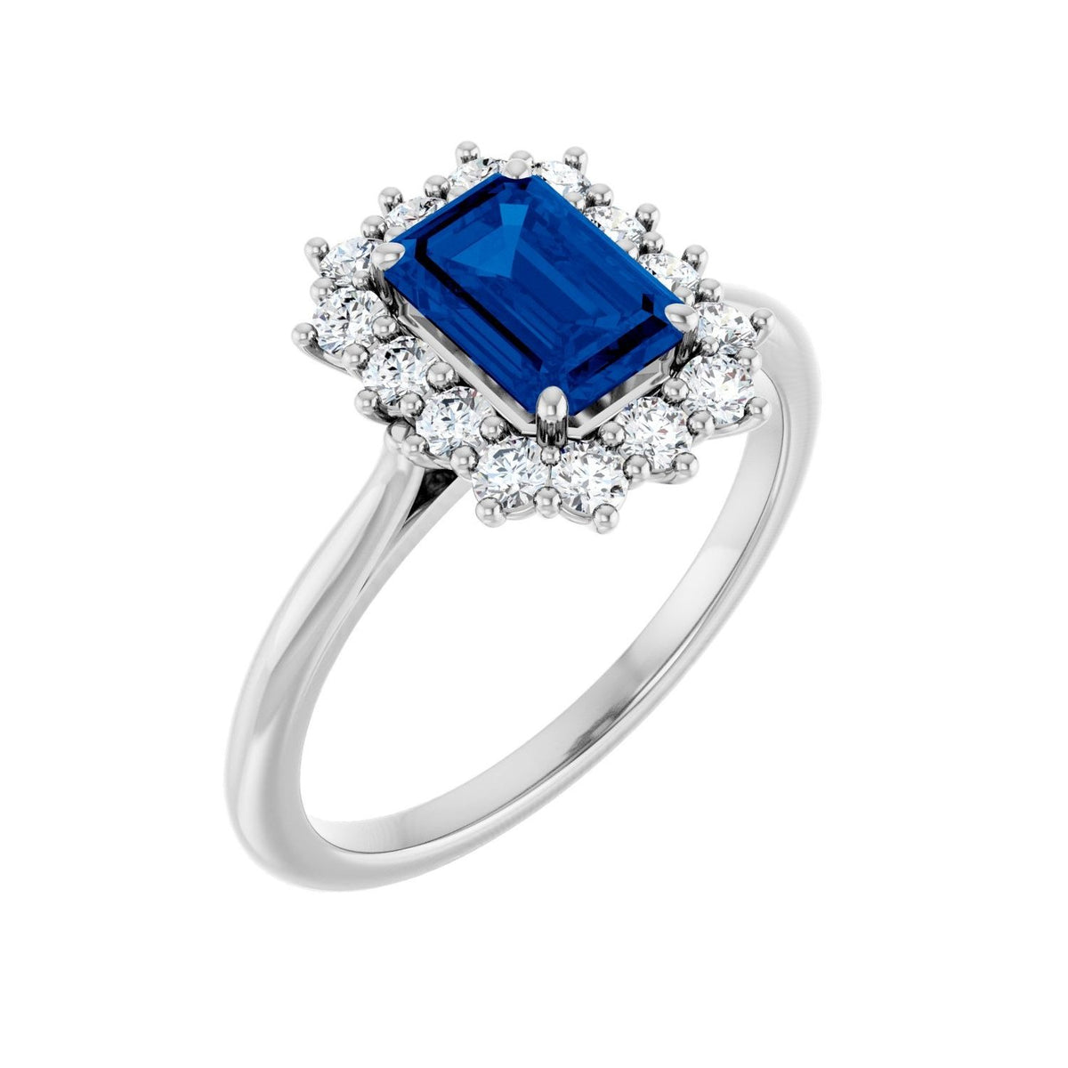 Sapphire Row Lab-Grown Gemstone Halo Ring - Blue Sapphire, Platinum, Emerald 7 × 5 mm · lab-grown diamond halo