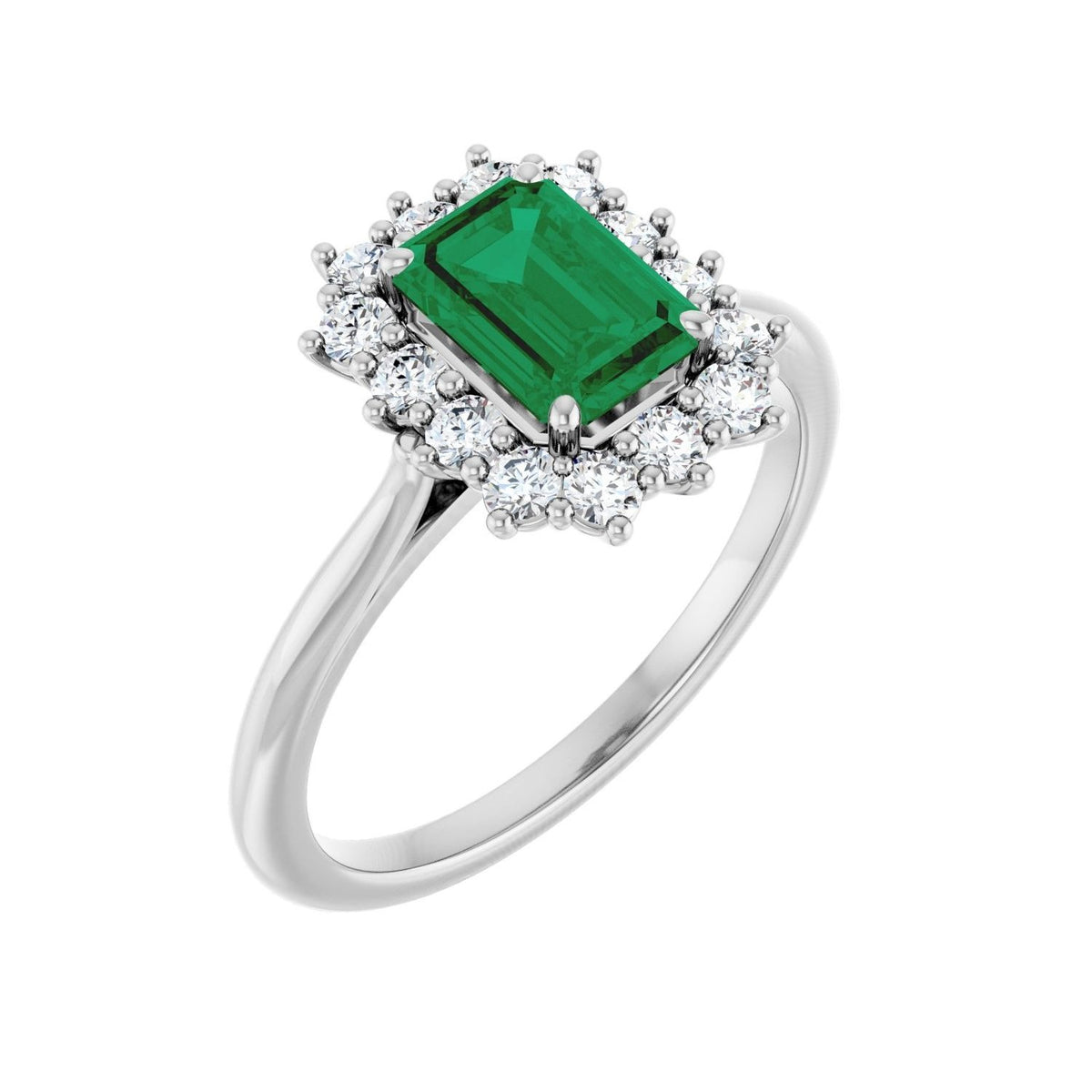 Sapphire Row Lab-Grown Gemstone Halo Ring - Emerald, Platinum, Emerald 7 × 5 mm · lab-grown diamond halo