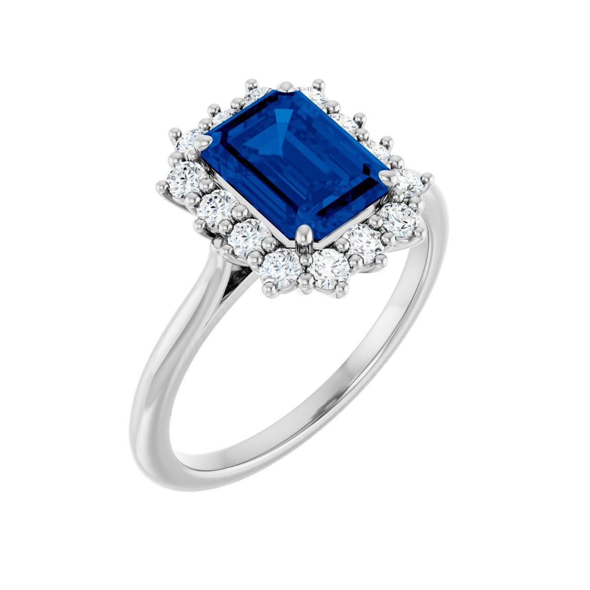 Sapphire Row Lab-Grown Gemstone Halo Ring - Blue Sapphire, Platinum, Emerald 8 × 6 mm · lab-grown diamond halo