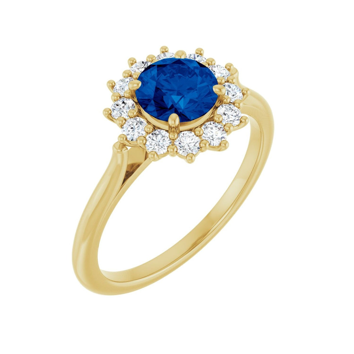 Sapphire Row Lab-Grown Gemstone Halo Ring - Blue Sapphire, 14K Yellow Gold, Round 6 mm · lab-grown diamond halo