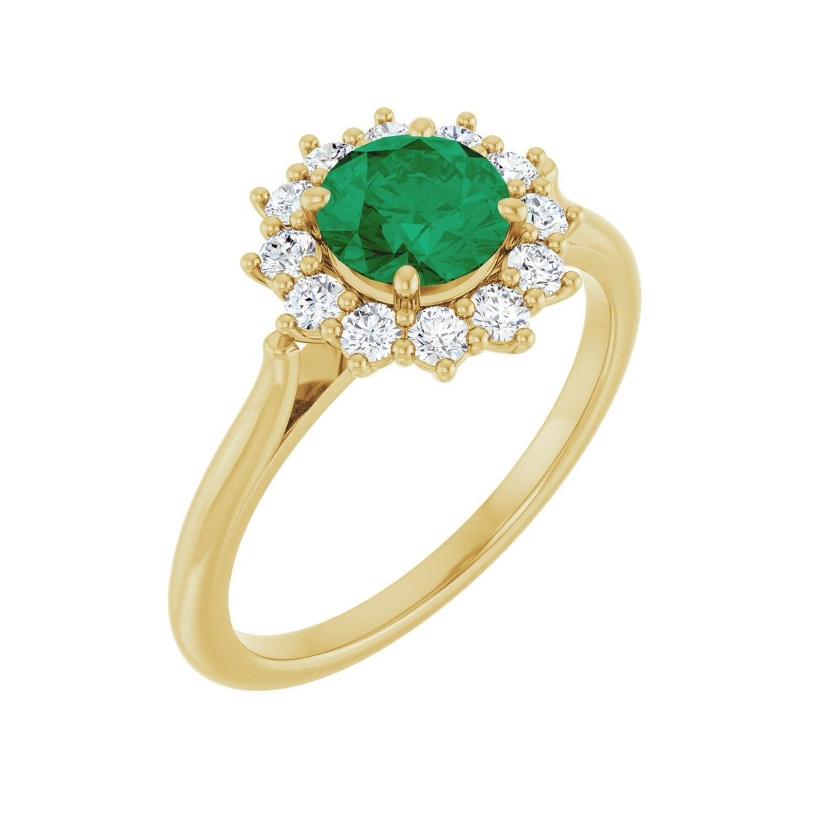Sapphire Row Lab-Grown Gemstone Halo Ring - Emerald, 14K Yellow Gold, Round 6 mm · lab-grown diamond halo
