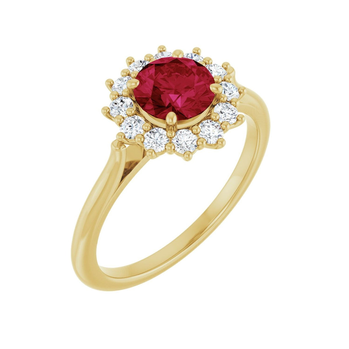 Sapphire Row Lab-Grown Gemstone Halo Ring - Ruby, 10K Yellow Gold, Round 6 mm · lab-grown diamond halo