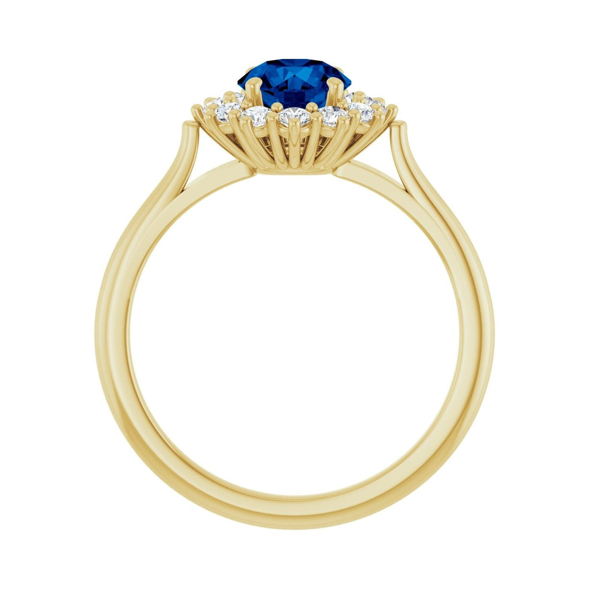 Sapphire Row Lab-Grown Gemstone Halo Ring - Blue Sapphire, 10K Yellow Gold, Round 6 mm · lab-grown diamond halo (view 2)