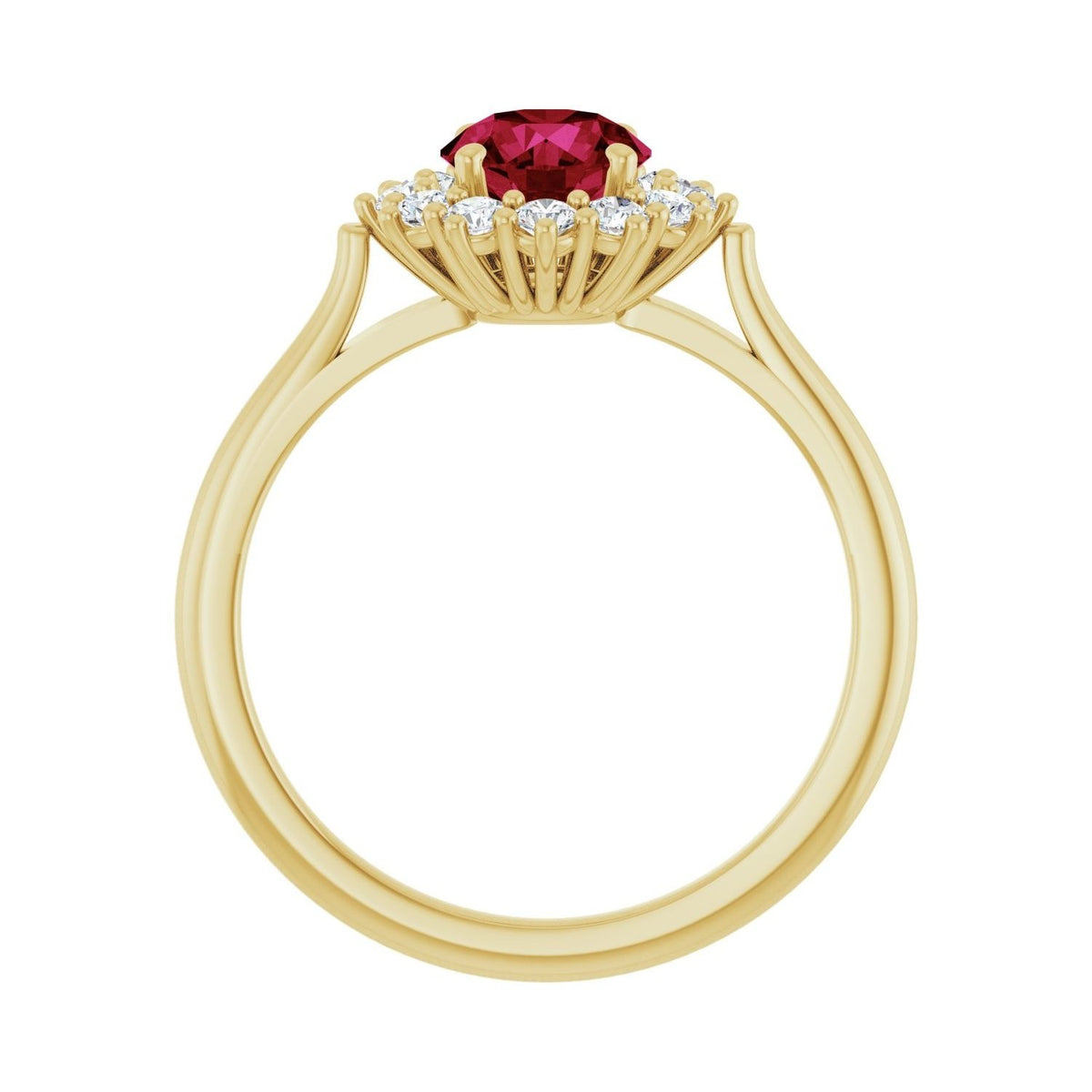 Sapphire Row Lab-Grown Gemstone Halo Ring - Ruby, 14K Yellow Gold, Round 6 mm · lab-grown diamond halo (view 2)
