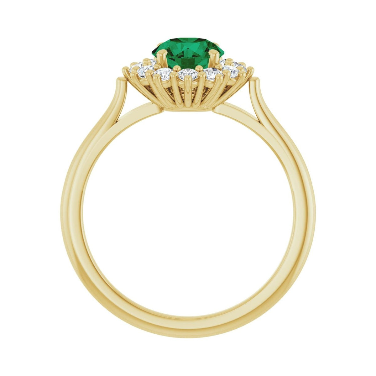 Sapphire Row Lab-Grown Gemstone Halo Ring - Emerald, 14K Yellow Gold, Round 6 mm · lab-grown diamond halo (view 2)
