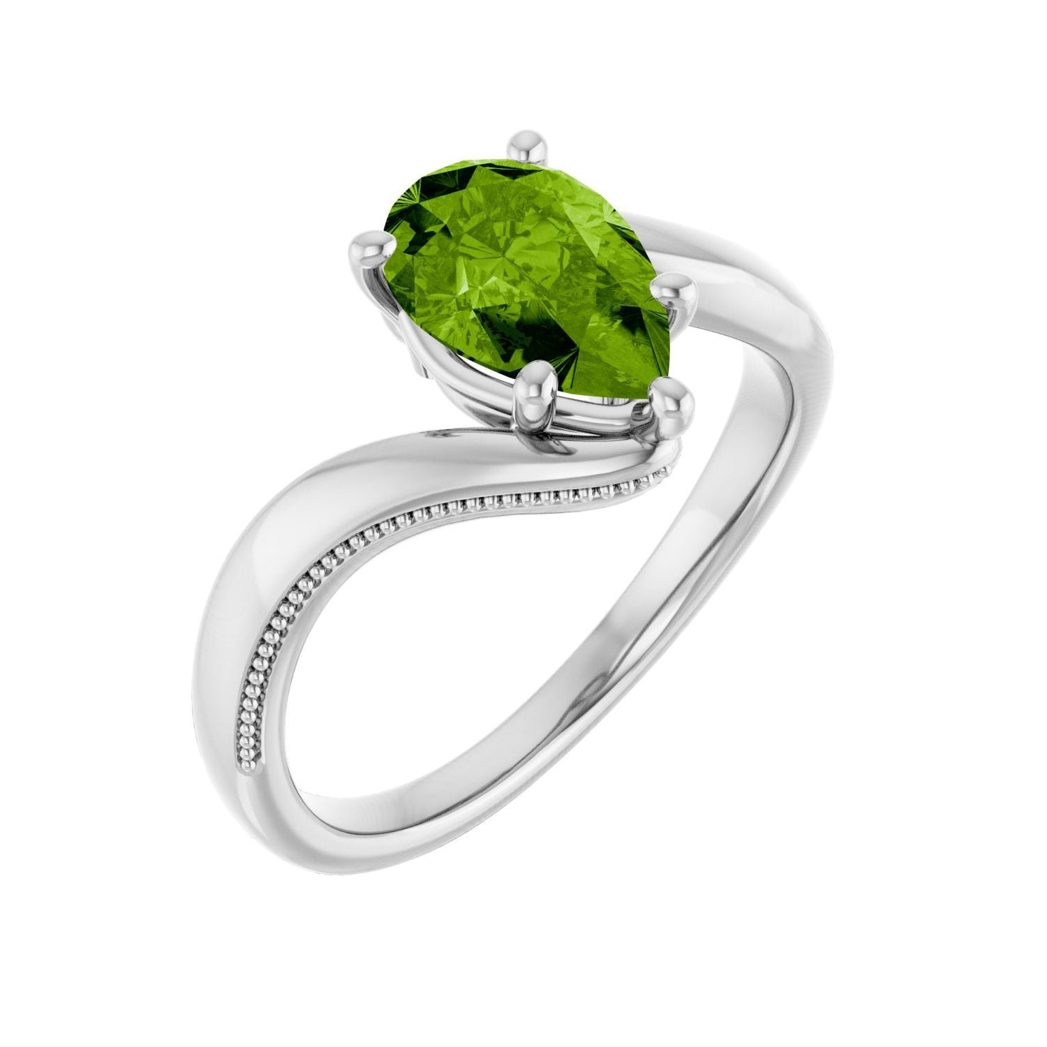 Sapphire Row Natural Peridot Bypass Solitaire Ring - 14K White Gold
