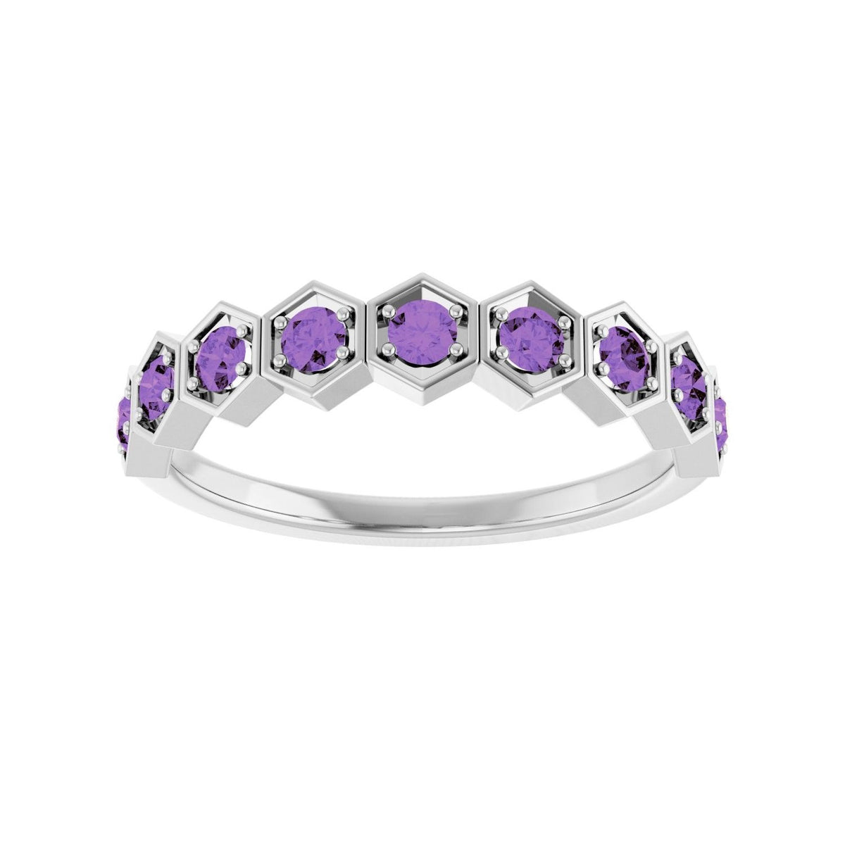 Sapphire Row Natural Gemstone Hexagon Stacking Ring - Amethyst, Platinum (view 3)