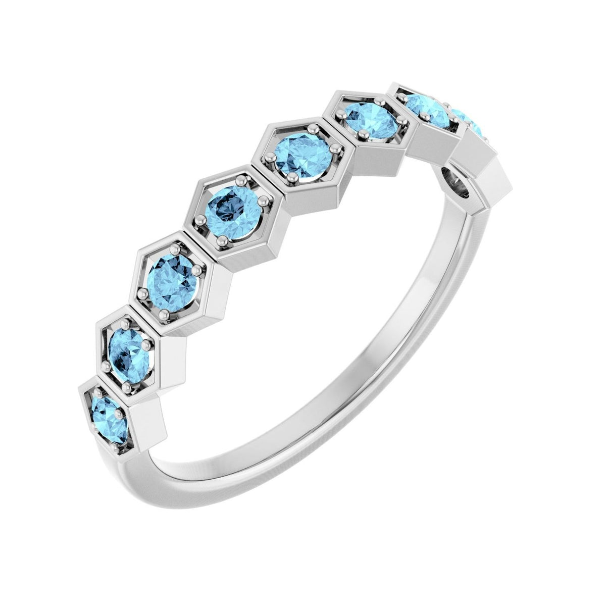 Sapphire Row Natural Gemstone Hexagon Stacking Ring - Aquamarine, 14K White Gold