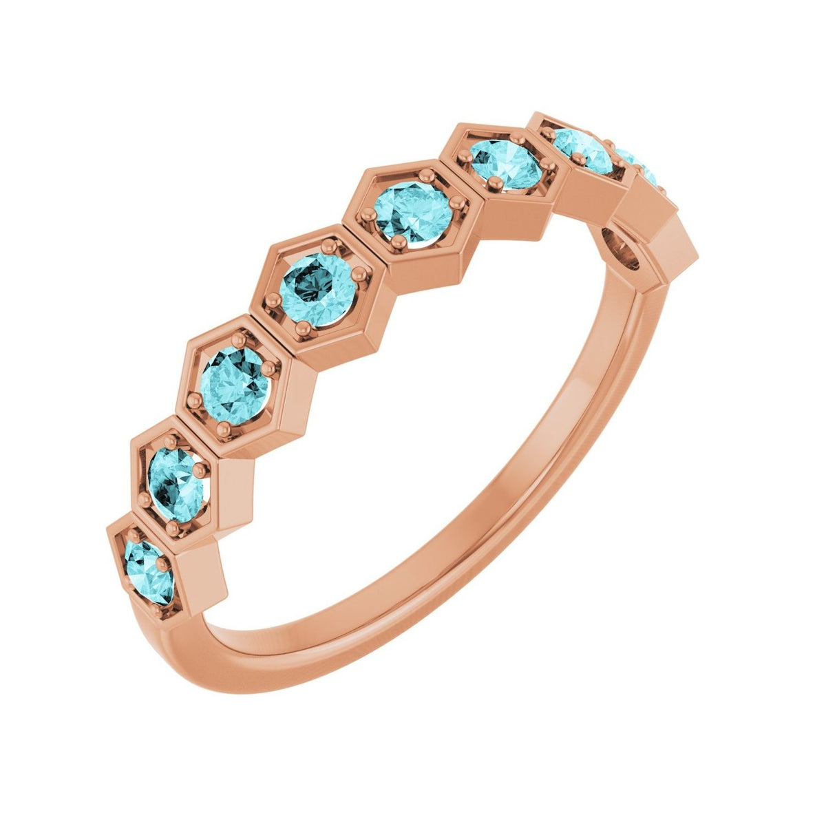 Sapphire Row Natural Gemstone Hexagon Stacking Ring - Blue Zircon, 14K Rose Gold