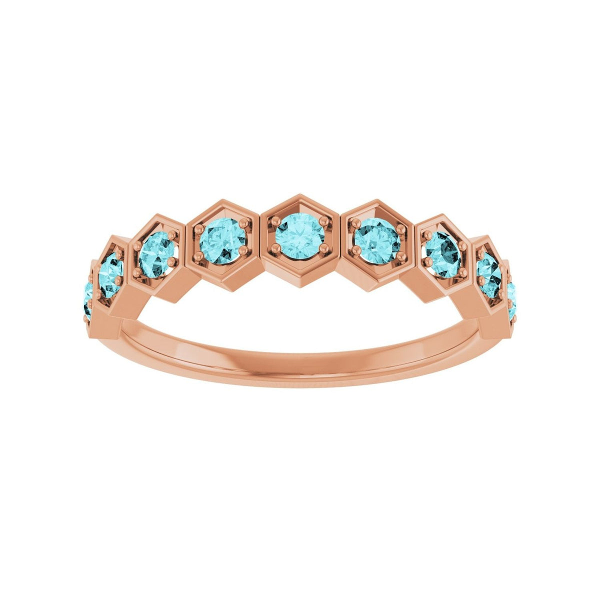 Sapphire Row Natural Gemstone Hexagon Stacking Ring - Blue Zircon, 14K Rose Gold (view 3)