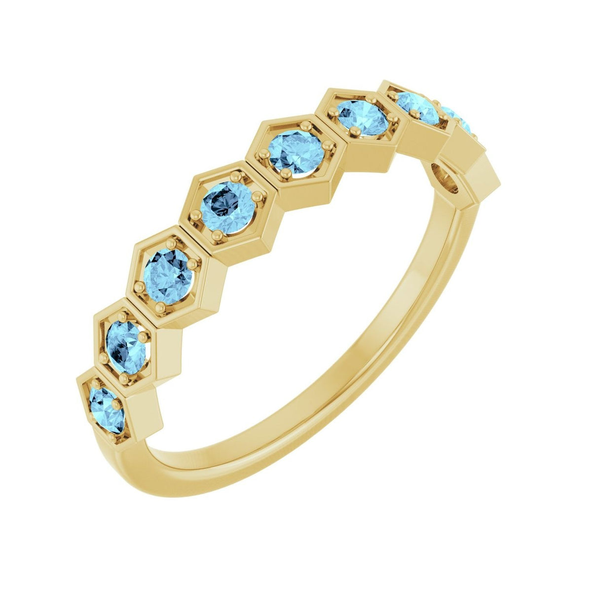 Sapphire Row Natural Gemstone Hexagon Stacking Ring - Aquamarine, 14K Yellow Gold
