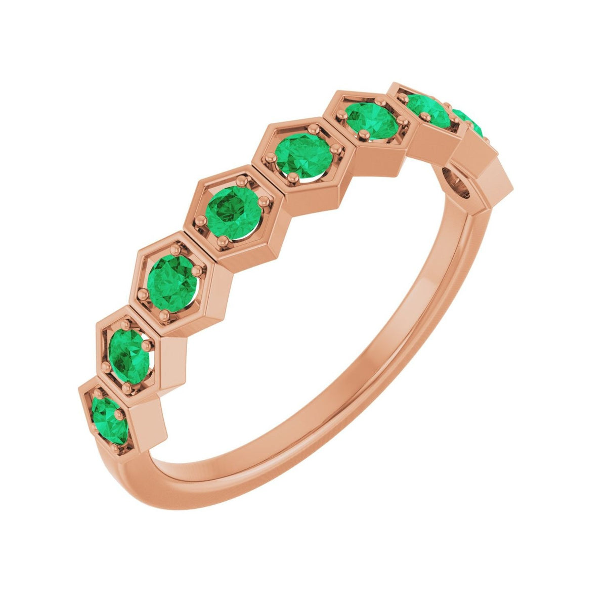 Sapphire Row Natural Gemstone Hexagon Stacking Ring - Emerald, 14K Rose Gold