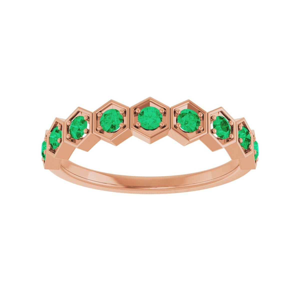 Sapphire Row Natural Gemstone Hexagon Stacking Ring - Emerald, 14K Rose Gold (view 3)