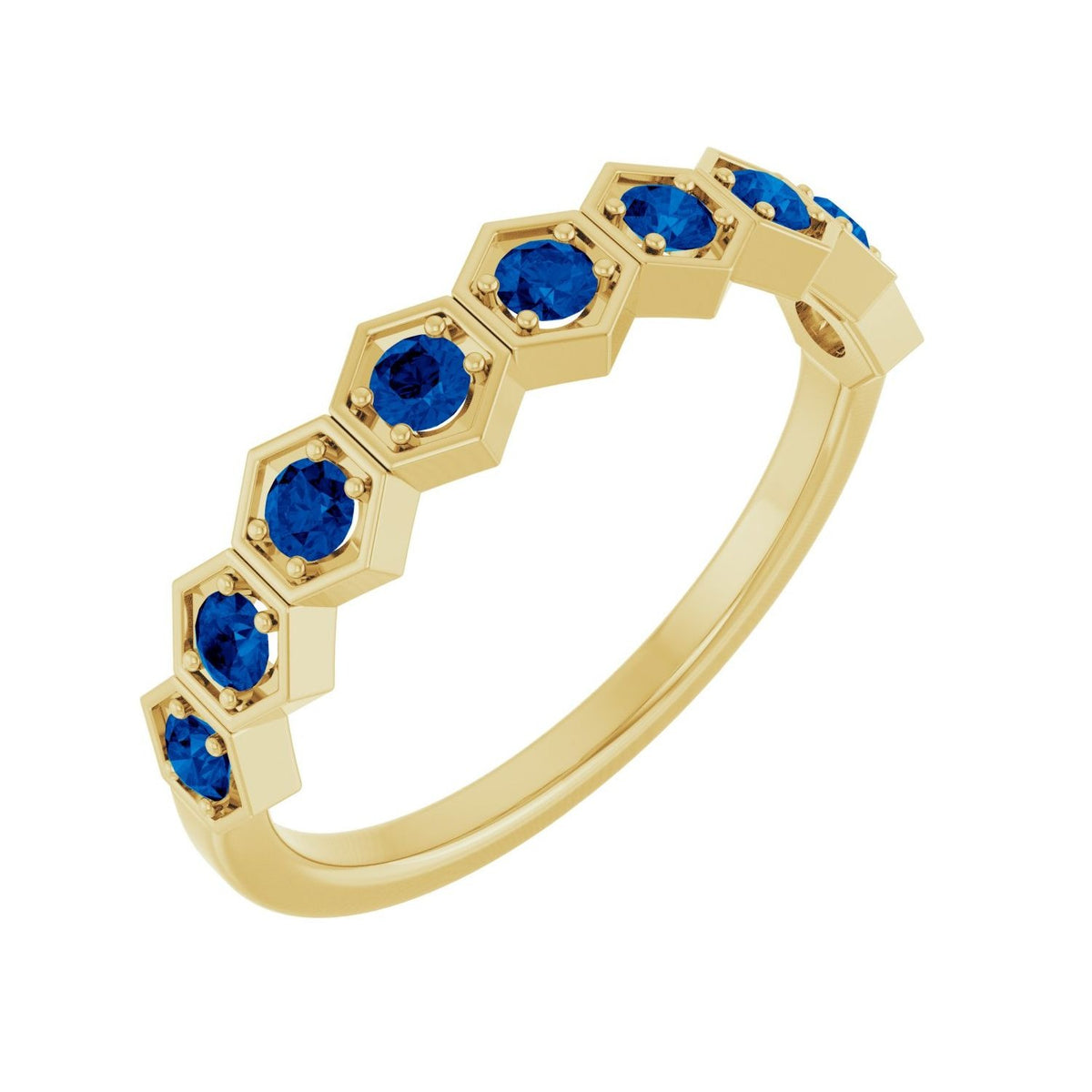 Sapphire Row Natural Gemstone Hexagon Stacking Ring - Blue Sapphire, 14K Yellow Gold
