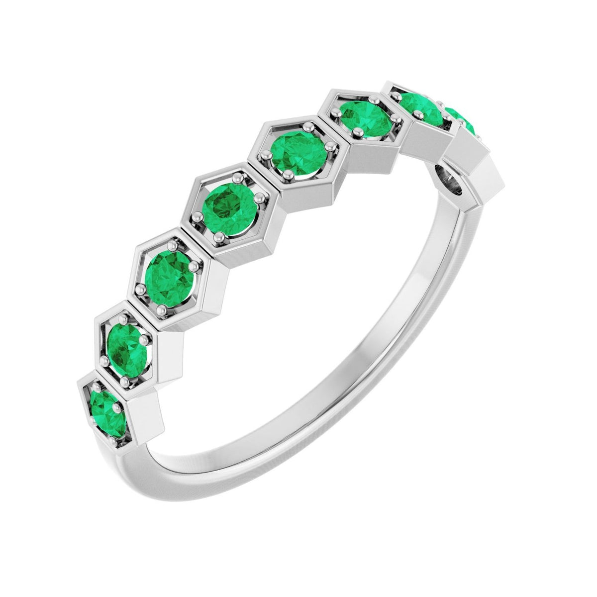 Sapphire Row Natural Gemstone Hexagon Stacking Ring - Emerald, Platinum