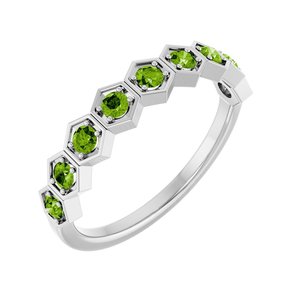 Sapphire Row Natural Gemstone Hexagon Stacking Ring - Peridot, Platinum