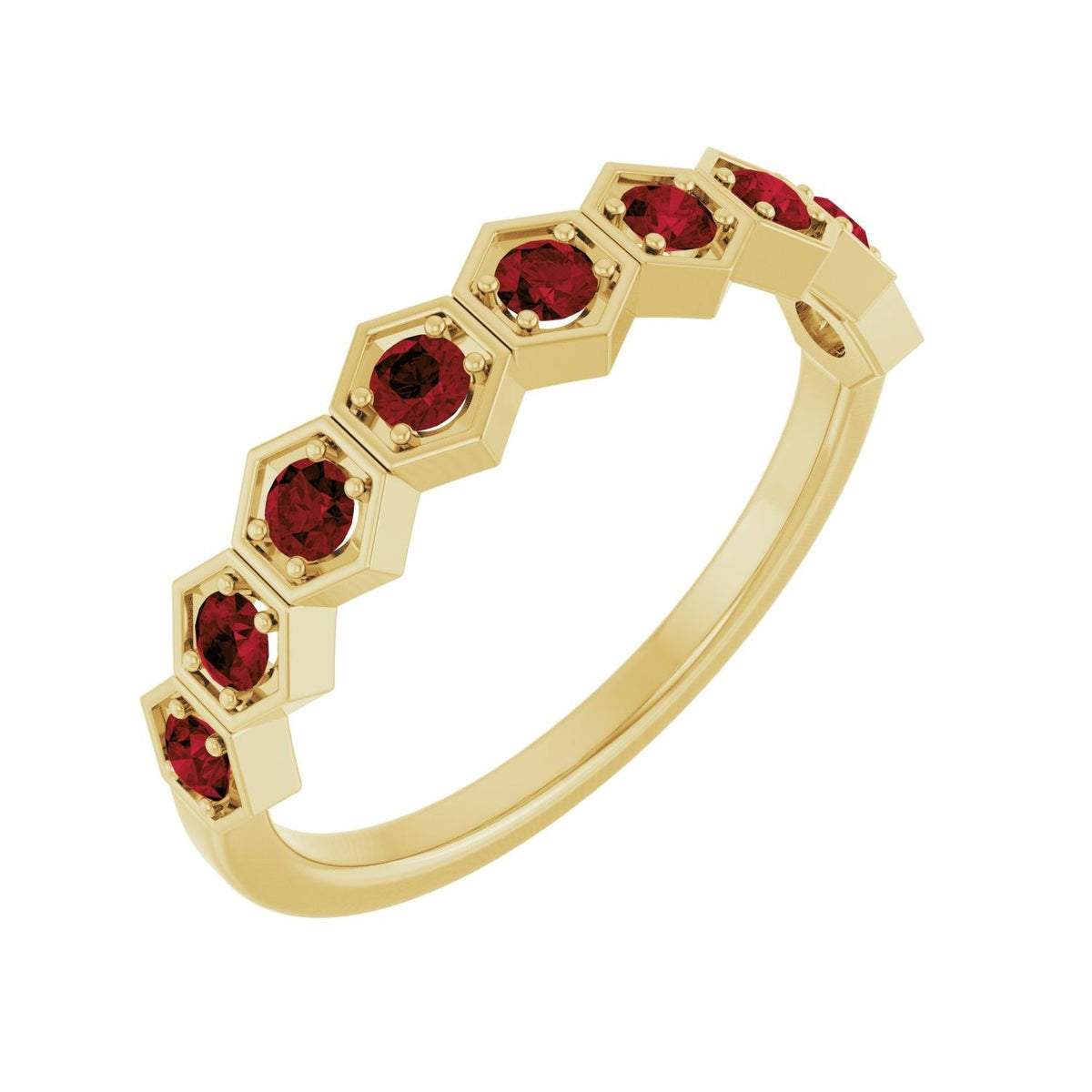 Sapphire Row Natural Gemstone Hexagon Stacking Ring - Mozambique Garnet, 14K Yellow Gold