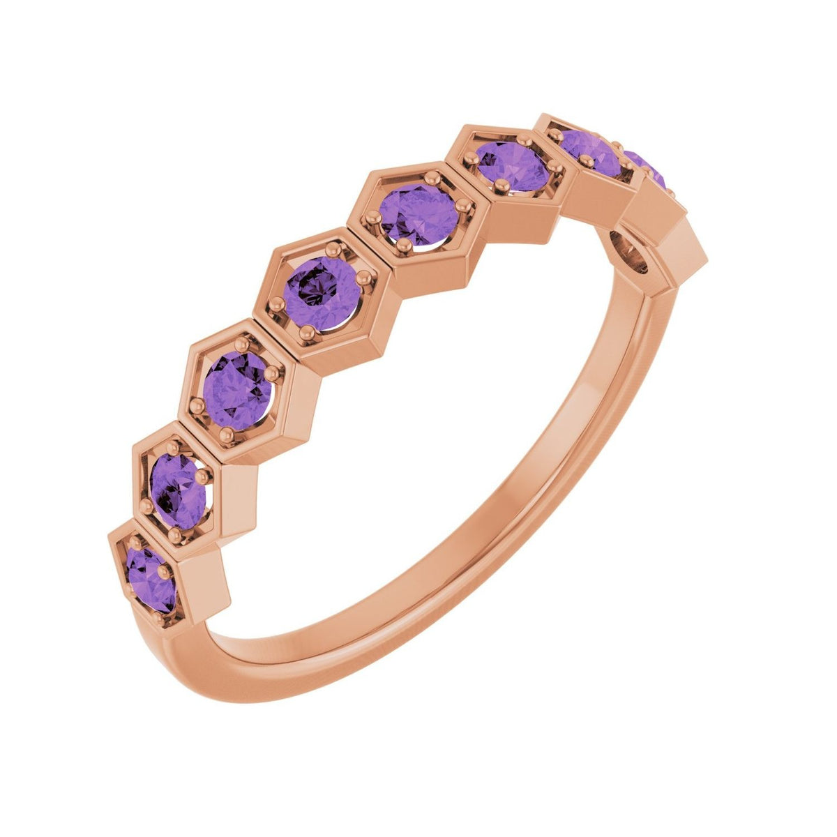 Sapphire Row Natural Gemstone Hexagon Stacking Ring - Amethyst, 14K Rose Gold