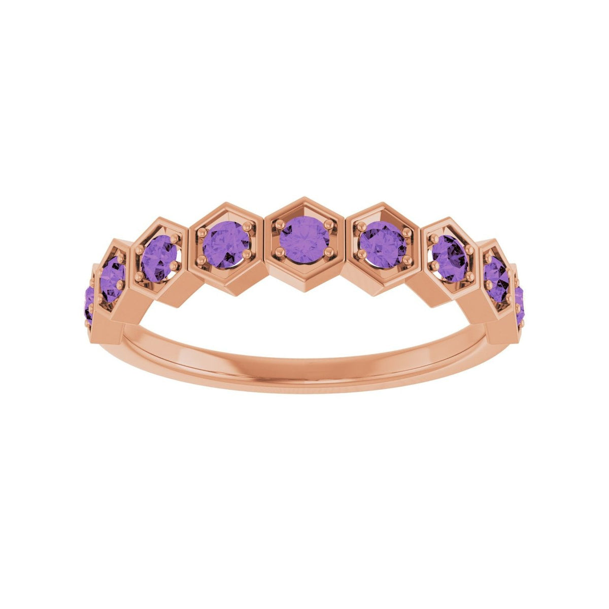 Sapphire Row Natural Gemstone Hexagon Stacking Ring - Amethyst, 14K Rose Gold (view 3)