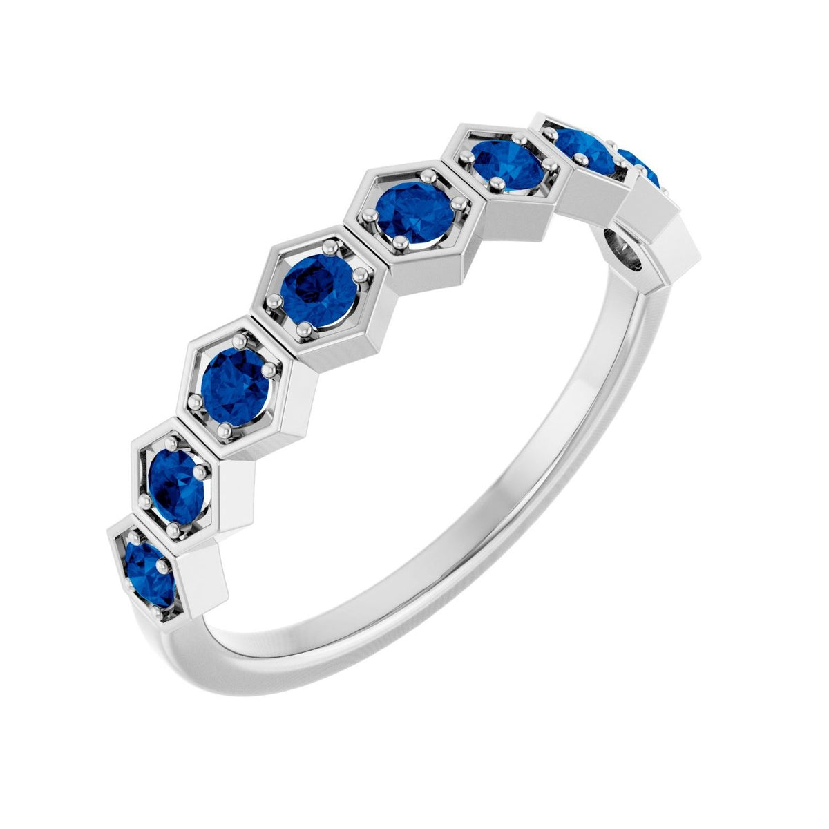 Sapphire Row Natural Gemstone Hexagon Stacking Ring - Blue Sapphire, Platinum
