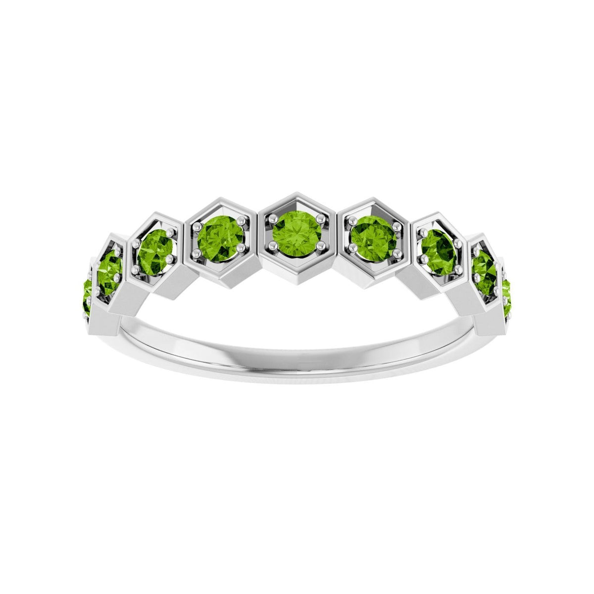 Sapphire Row Natural Gemstone Hexagon Stacking Ring - Peridot, 14K White Gold (view 3)