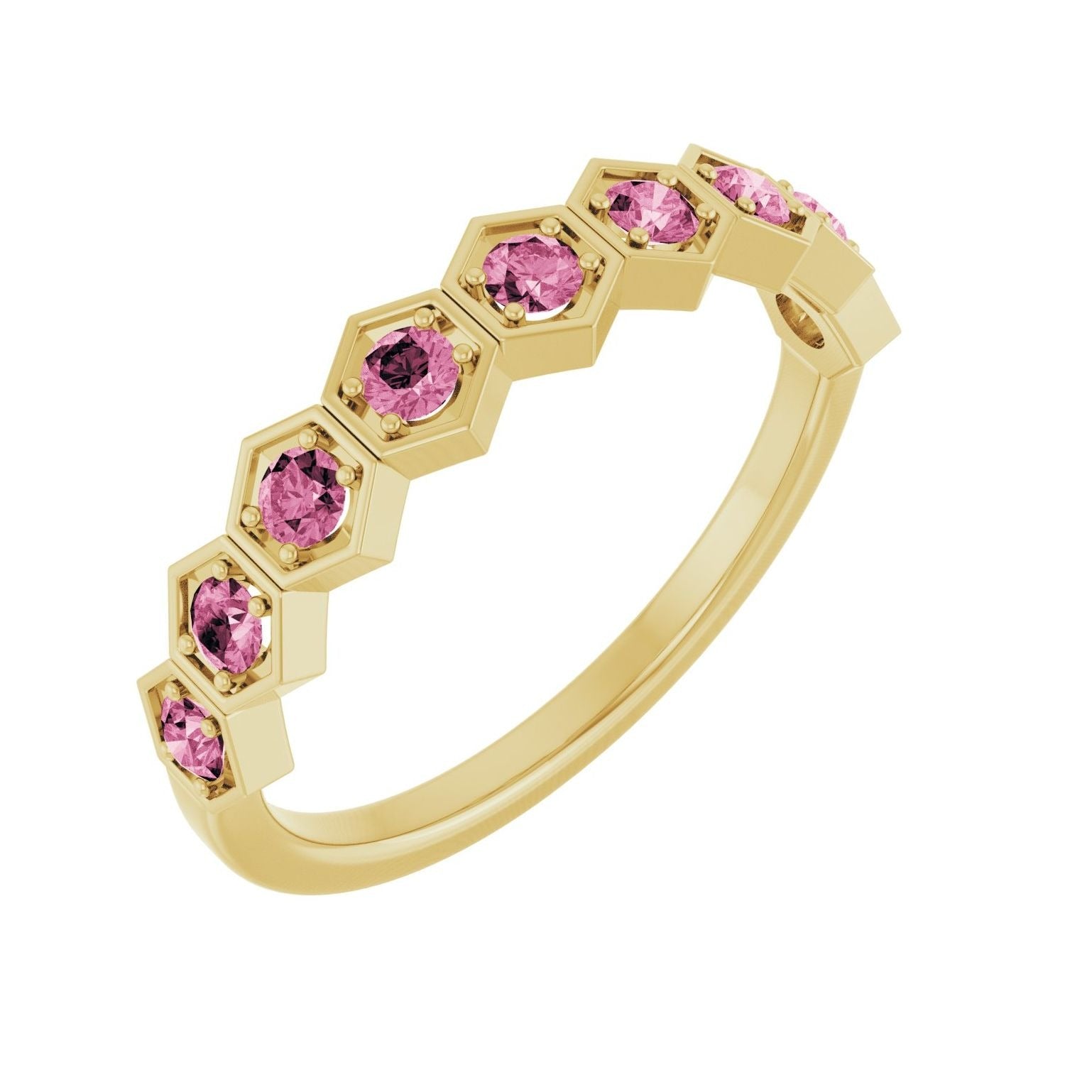 Sapphire Row Natural Gemstone Hexagon Stacking Ring - Pink Tourmaline, 14K Yellow Gold