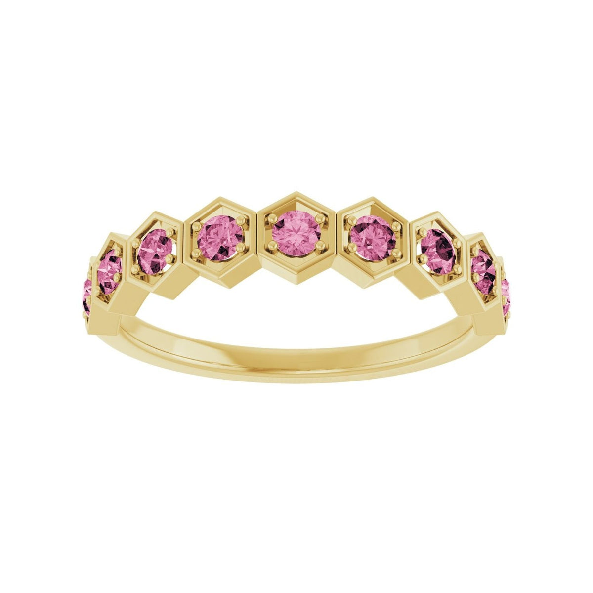 Sapphire Row Natural Gemstone Hexagon Stacking Ring - Pink Tourmaline, 14K Yellow Gold (view 3)