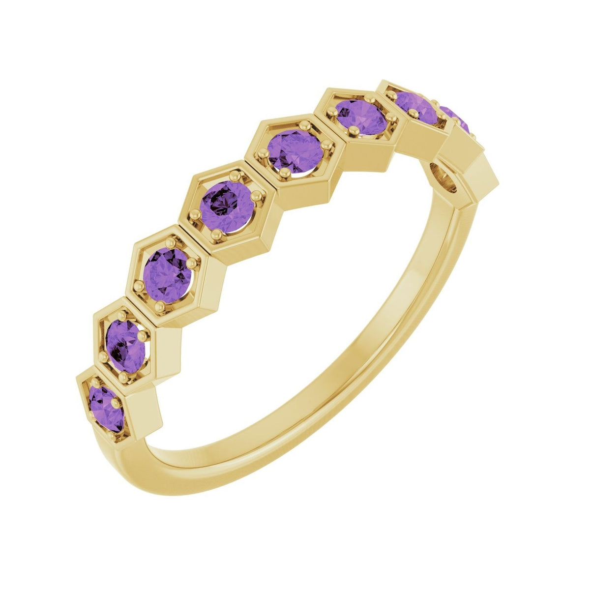 Sapphire Row Natural Gemstone Hexagon Stacking Ring - Amethyst, 14K Yellow Gold