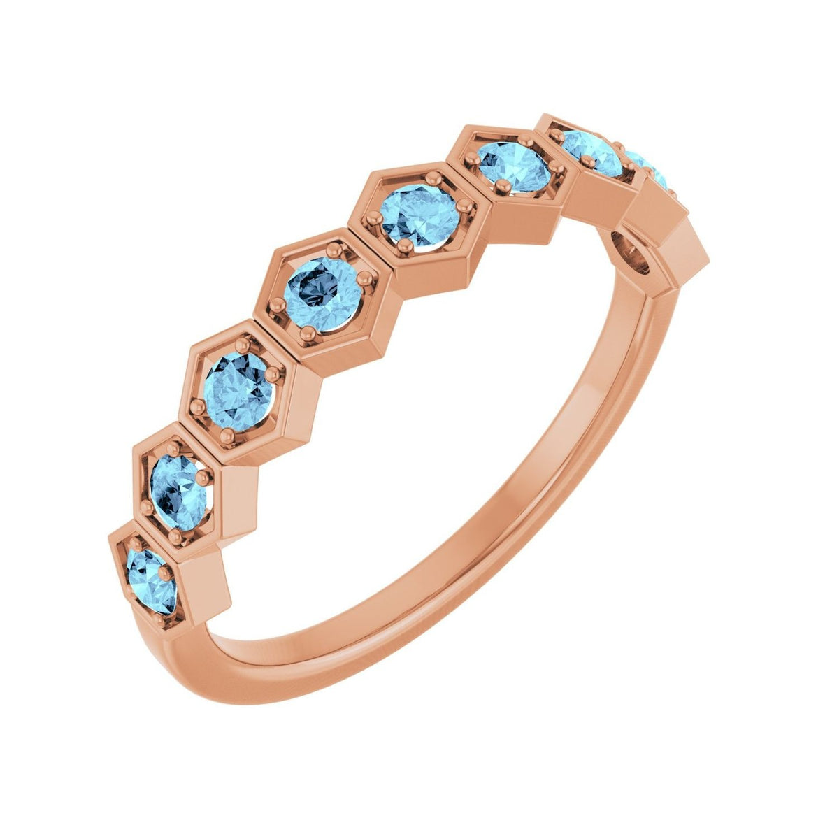 Sapphire Row Natural Gemstone Hexagon Stacking Ring - Aquamarine, 14K Rose Gold