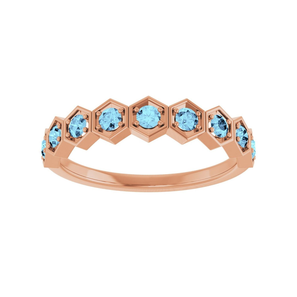 Sapphire Row Natural Gemstone Hexagon Stacking Ring - Aquamarine, 14K Rose Gold (view 3)