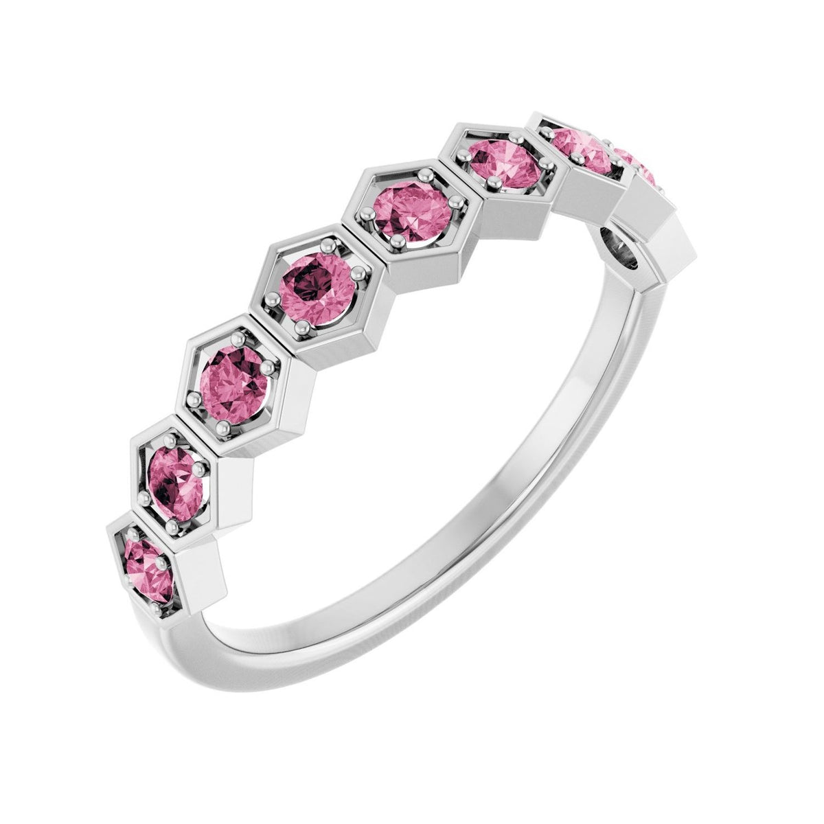 Sapphire Row Natural Gemstone Hexagon Stacking Ring - Pink Tourmaline, Platinum