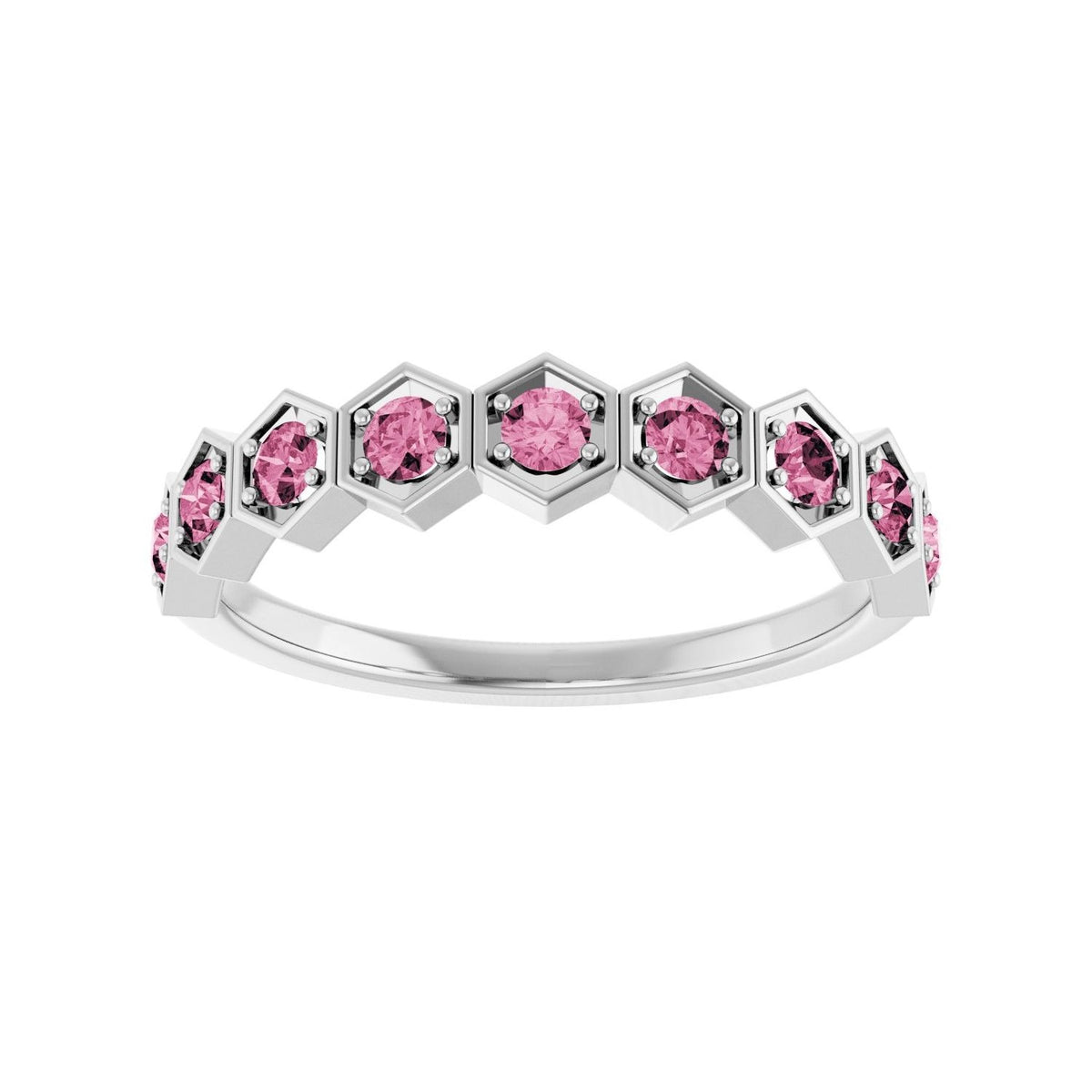 Sapphire Row Natural Gemstone Hexagon Stacking Ring - Pink Tourmaline, Platinum (view 3)
