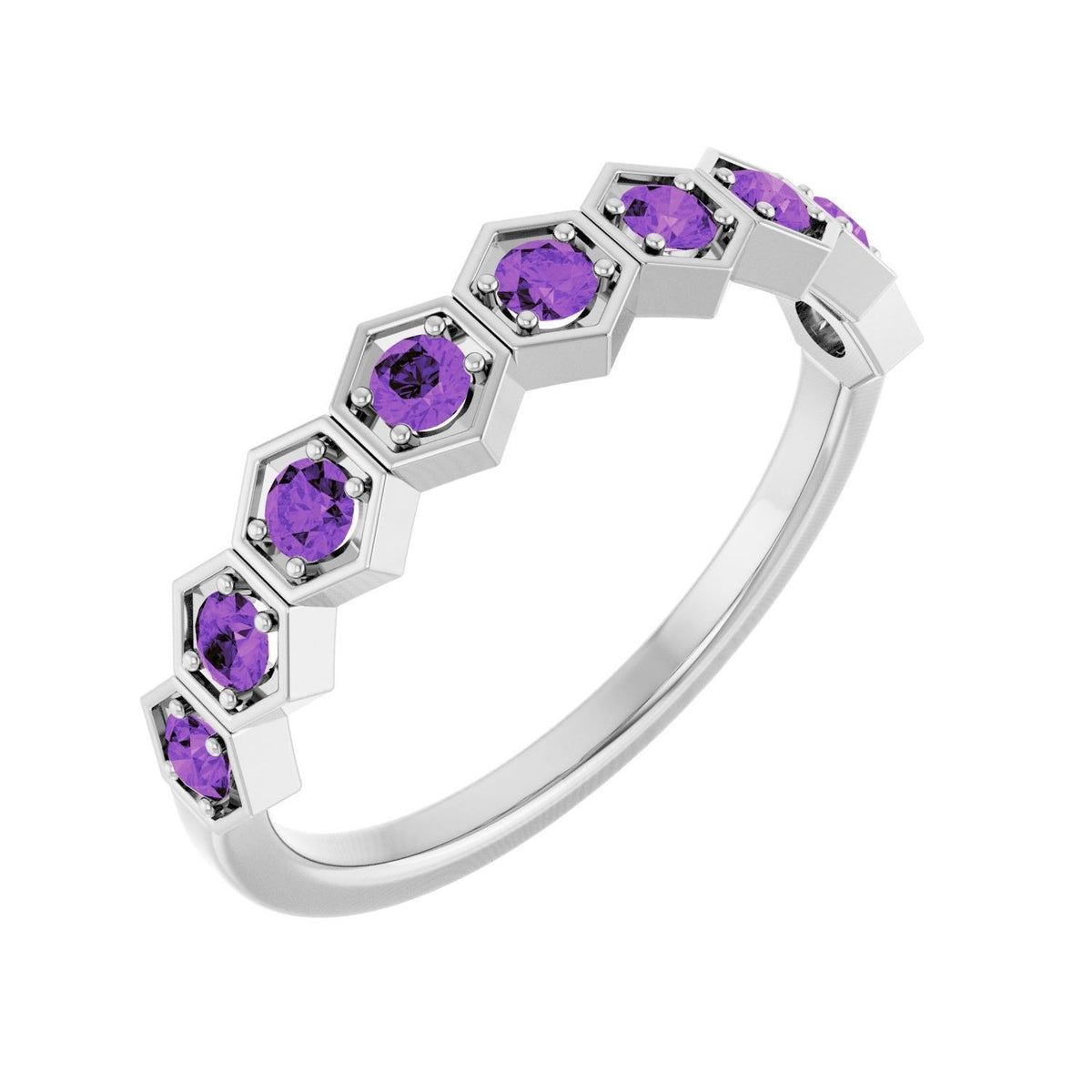 Sapphire Row Natural Gemstone Hexagon Stacking Ring - Amethyst, 14K White Gold