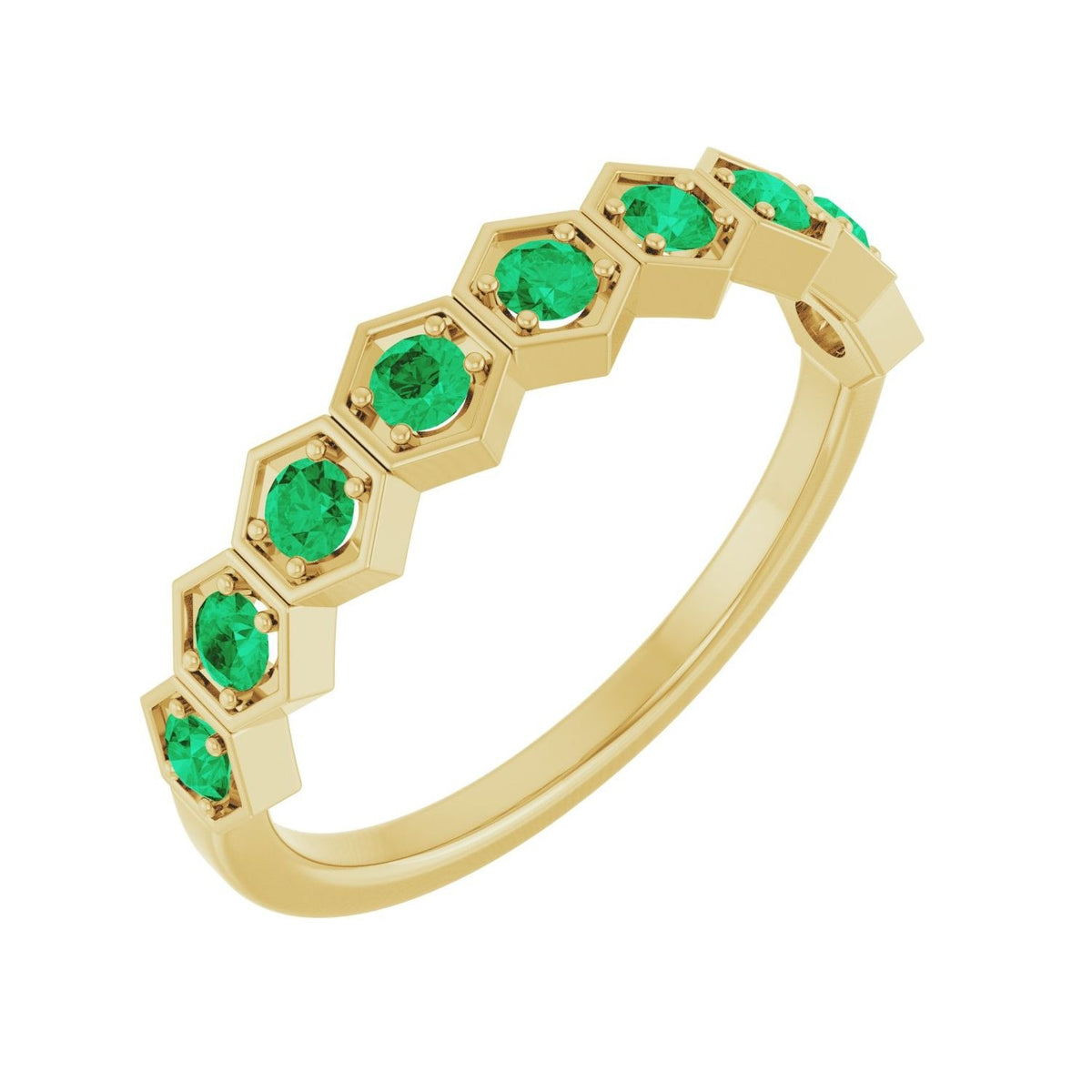 Sapphire Row Natural Gemstone Hexagon Stacking Ring - Emerald, 14K Yellow Gold
