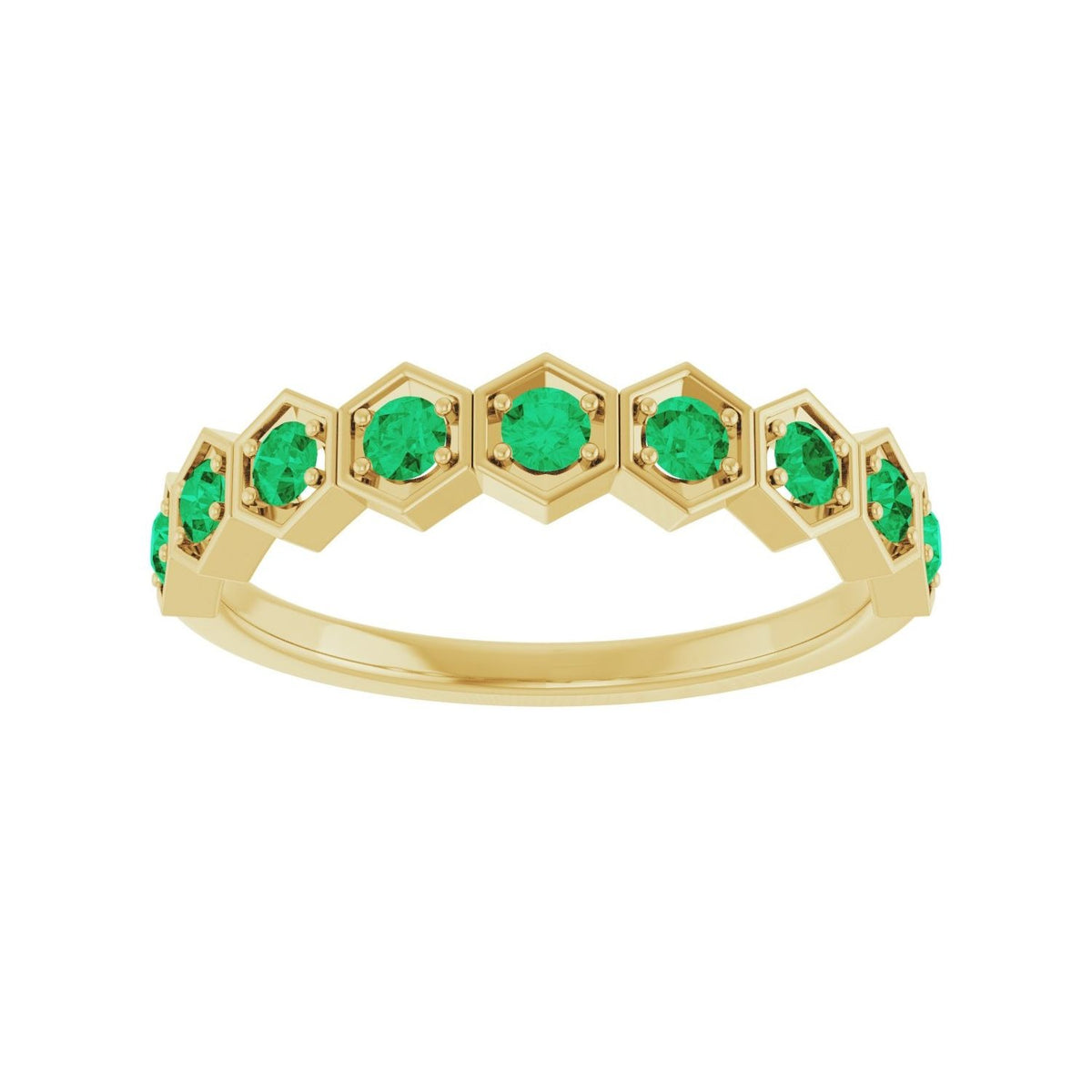 Sapphire Row Natural Gemstone Hexagon Stacking Ring - Emerald, 14K Yellow Gold (view 3)