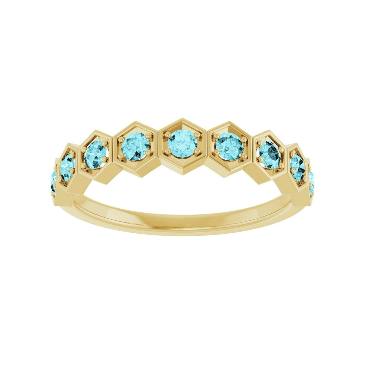 Sapphire Row Natural Gemstone Hexagon Stacking Ring - Blue Zircon, 14K Yellow Gold (view 3)