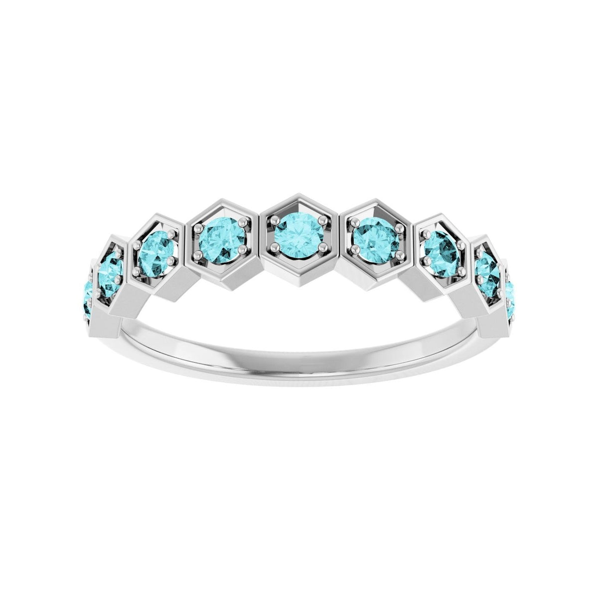 Sapphire Row Natural Gemstone Hexagon Stacking Ring - Blue Zircon, Platinum (view 3)