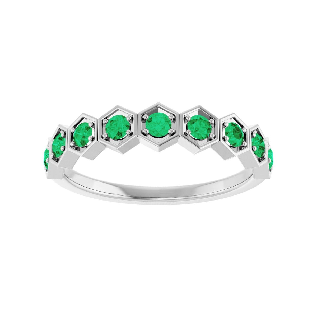 Sapphire Row Lab-Grown Gemstone Hexagon Stacking Ring - Emerald, Platinum (view 3)