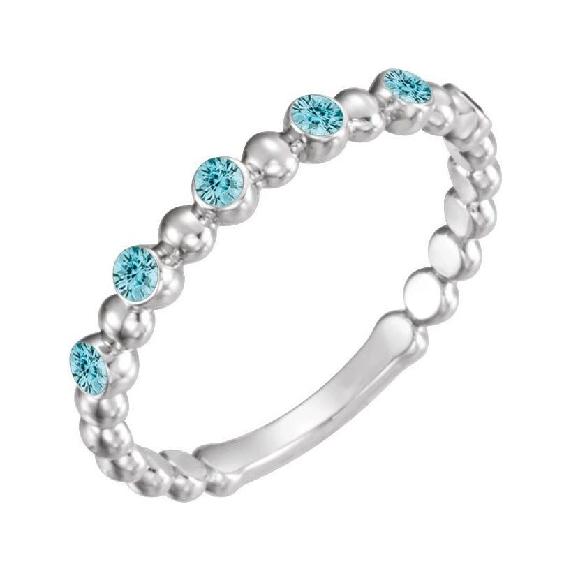 Sapphire Row Natural Gemstone Bezel Bead Stacking Ring - Blue Zircon, Platinum