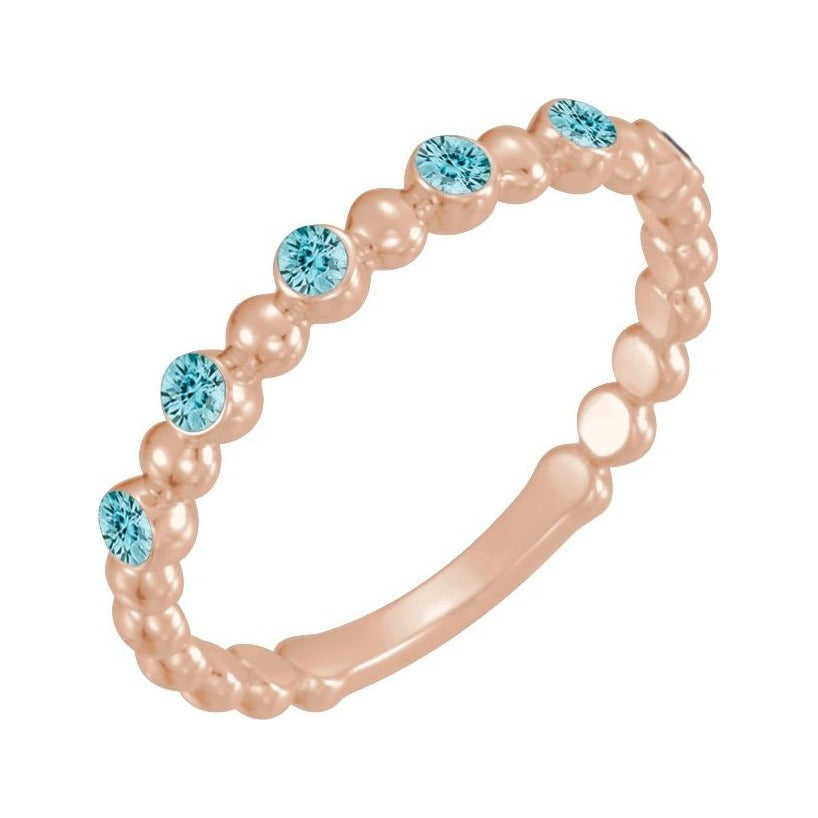 Sapphire Row Natural Gemstone Bezel Bead Stacking Ring - Blue Zircon, 14K Rose Gold