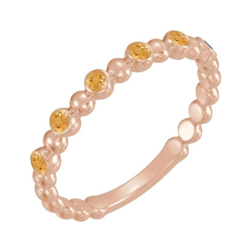 Sapphire Row Natural Gemstone Bezel Bead Stacking Ring - Citrine, 14K Rose Gold