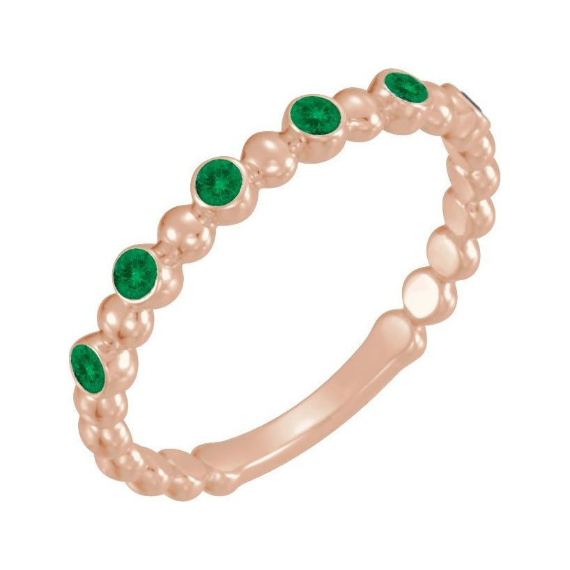 Sapphire Row Natural Gemstone Bezel Bead Stacking Ring - Emerald, 14K Rose Gold