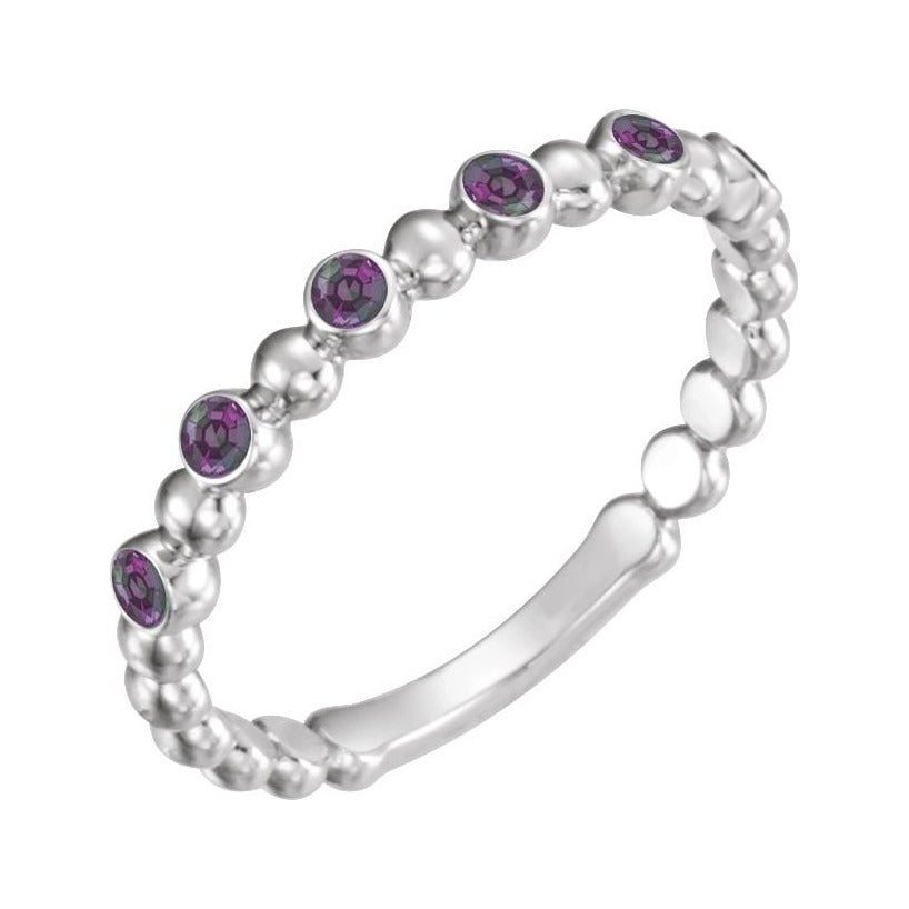 Sapphire Row Natural Gemstone Bezel Bead Stacking Ring - Alexandrite, 14K White Gold