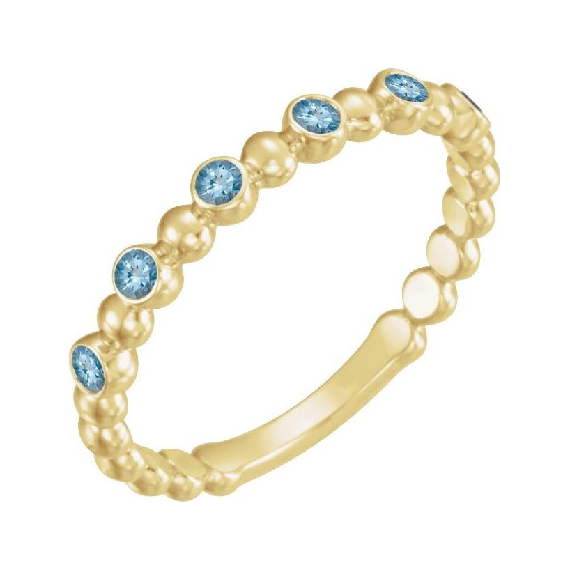 Sapphire Row Natural Gemstone Bezel Bead Stacking Ring - Aquamarine, 14K Yellow Gold