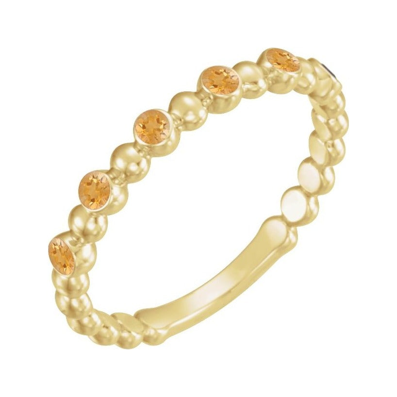 Sapphire Row Natural Gemstone Bezel Bead Stacking Ring - Citrine, 14K Yellow Gold