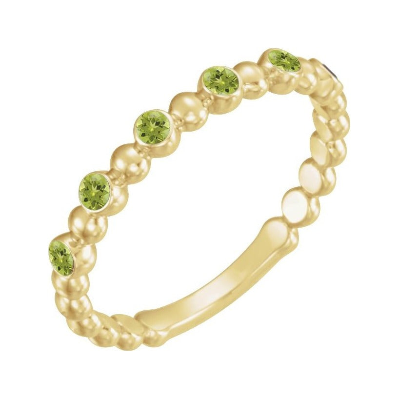 Sapphire Row Natural Gemstone Bezel Bead Stacking Ring - Peridot, 14K Yellow Gold